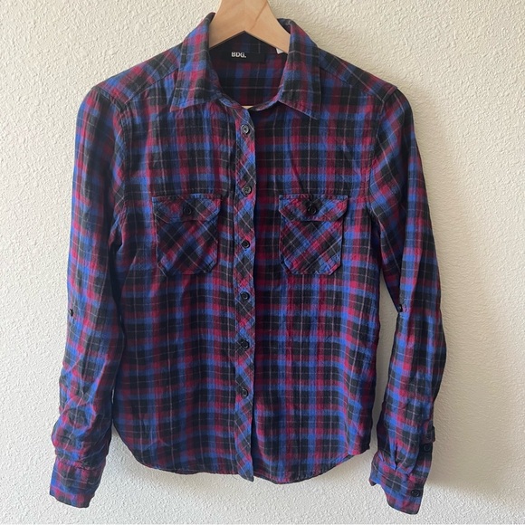 BDG Plaid Button Down Long Sleeve Roll Tab Top Size XS - Picture 2 of 5